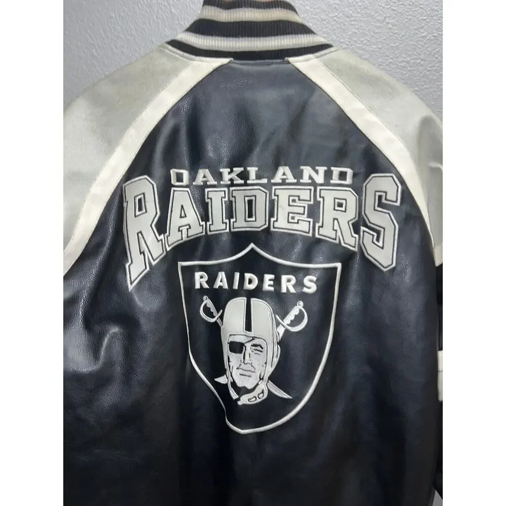 NFL Oakland Raiders Leather Jacket Football Black Silver Outerwear Stained Large